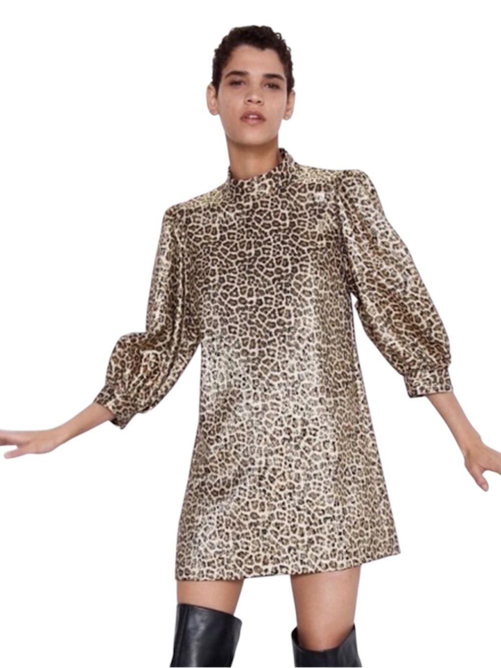 Zara Leopard Print Beige/Black/metallic High-Neck Puff Sleeve shift Dress Size L